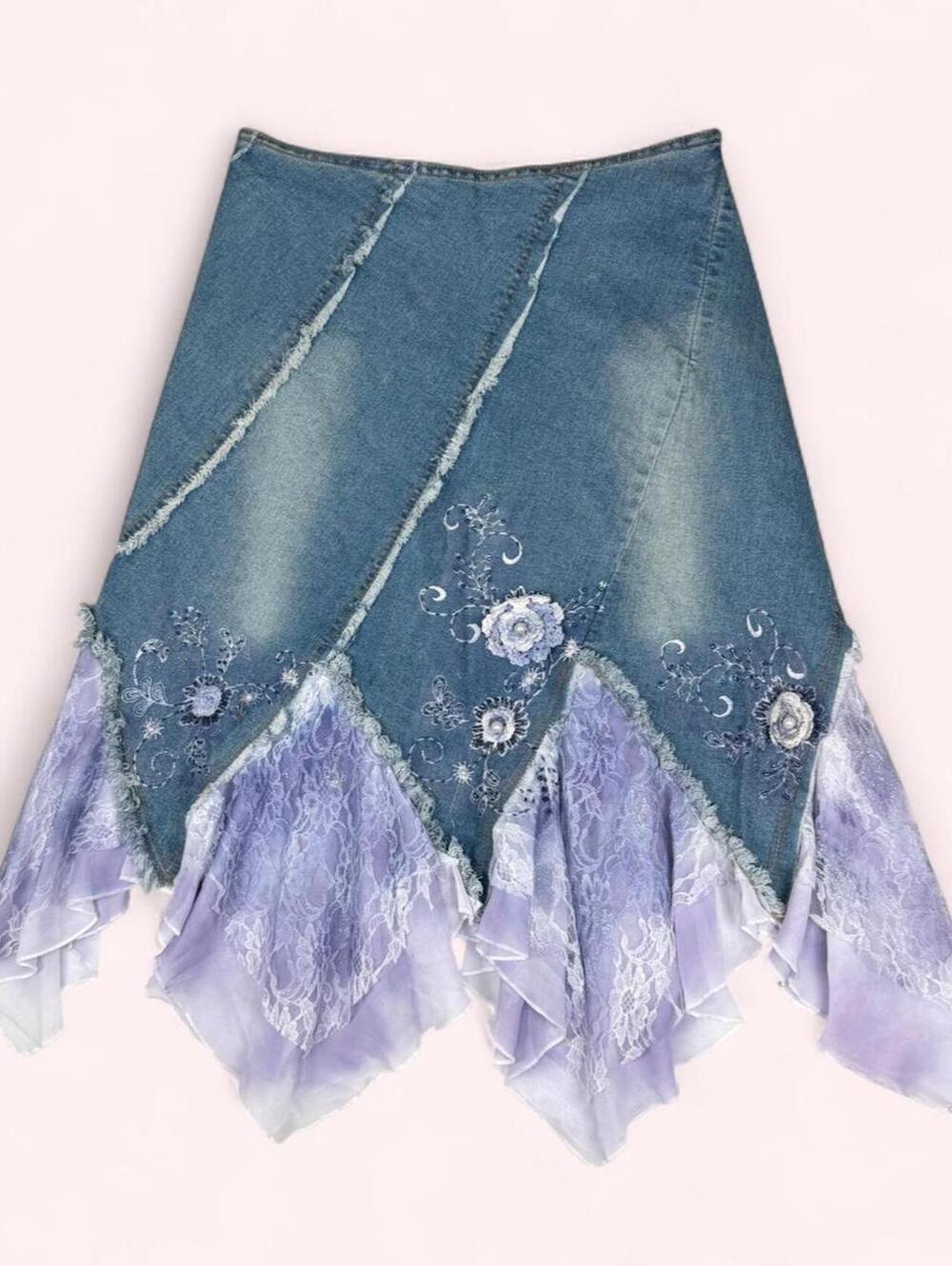 Y2K West 36th Denim Skirt with Purple Lace Ruffles and Embroidered Floral